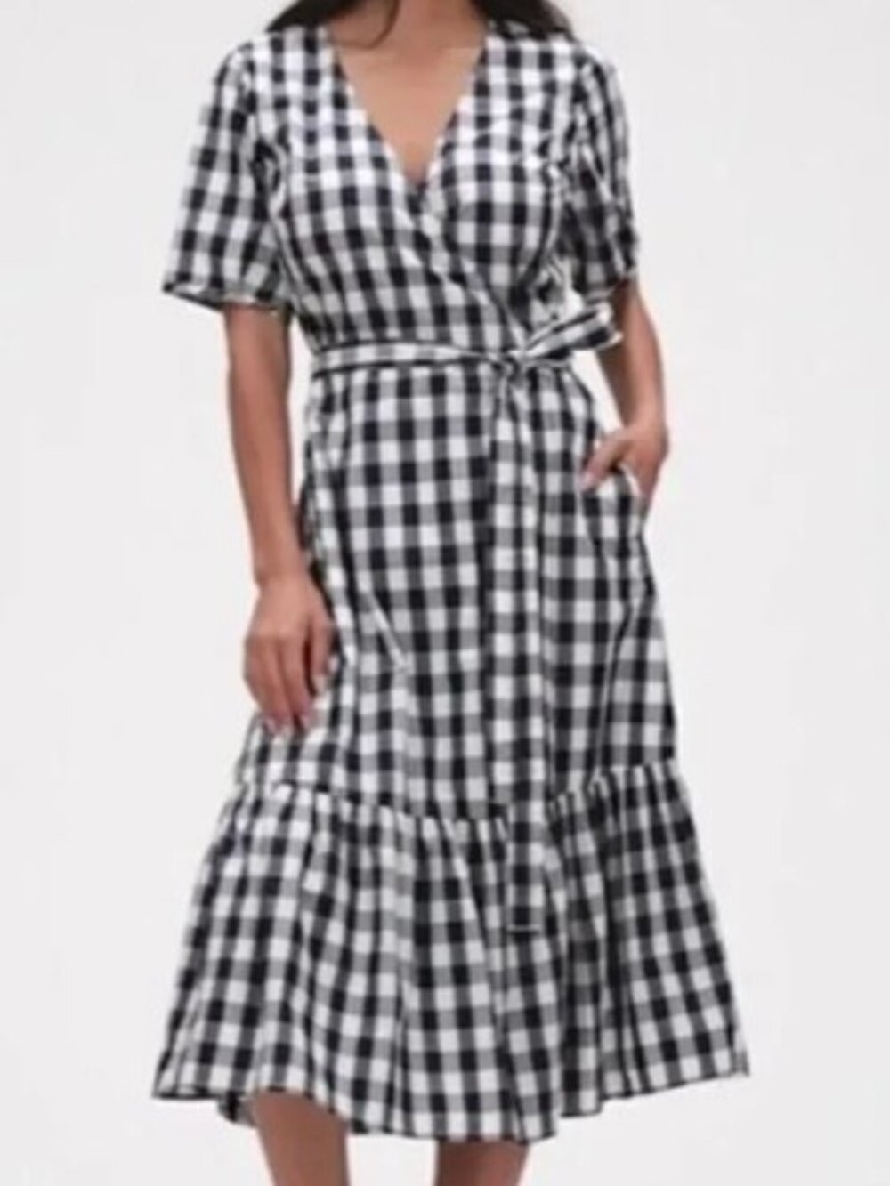 Gap Gingham Wrap Midi Dress Navy White Tie Waist Ruffle Hem Size M